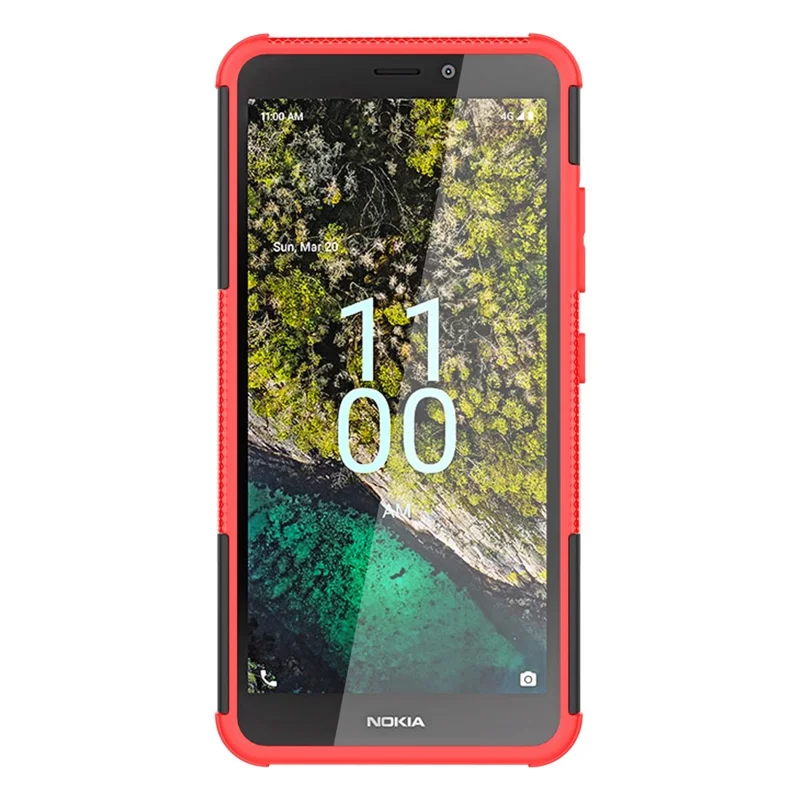 For Nokia C100 4G Hard PC+TPU Tires Style Cool Rugged Phone Case Kickstand Anti-Slip Shockproof Cover - Red
