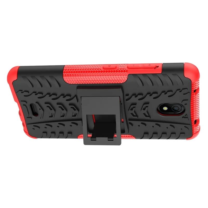 For Nokia C100 4G Hard PC+TPU Tires Style Cool Rugged Phone Case Kickstand Anti-Slip Shockproof Cover - Red