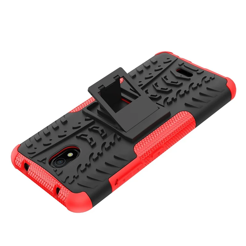 For Nokia C100 4G Hard PC+TPU Tires Style Cool Rugged Phone Case Kickstand Anti-Slip Shockproof Cover - Red