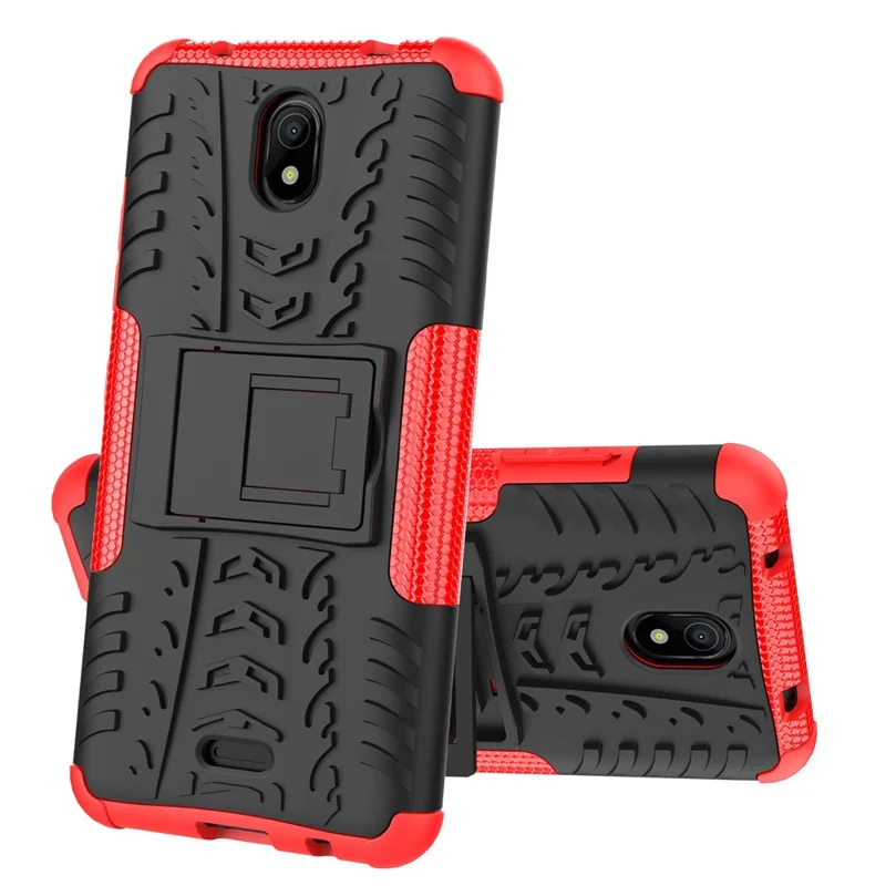 For Nokia C100 4G Hard PC+TPU Tires Style Cool Rugged Phone Case Kickstand Anti-Slip Shockproof Cover - Red