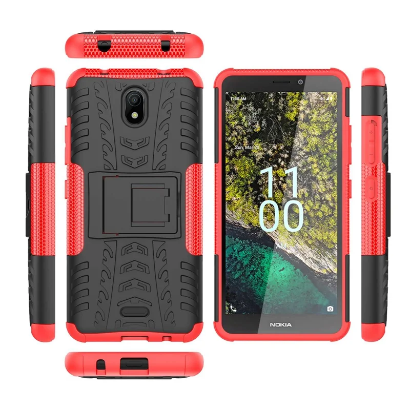 For Nokia C100 4G Hard PC+TPU Tires Style Cool Rugged Phone Case Kickstand Anti-Slip Shockproof Cover - Red