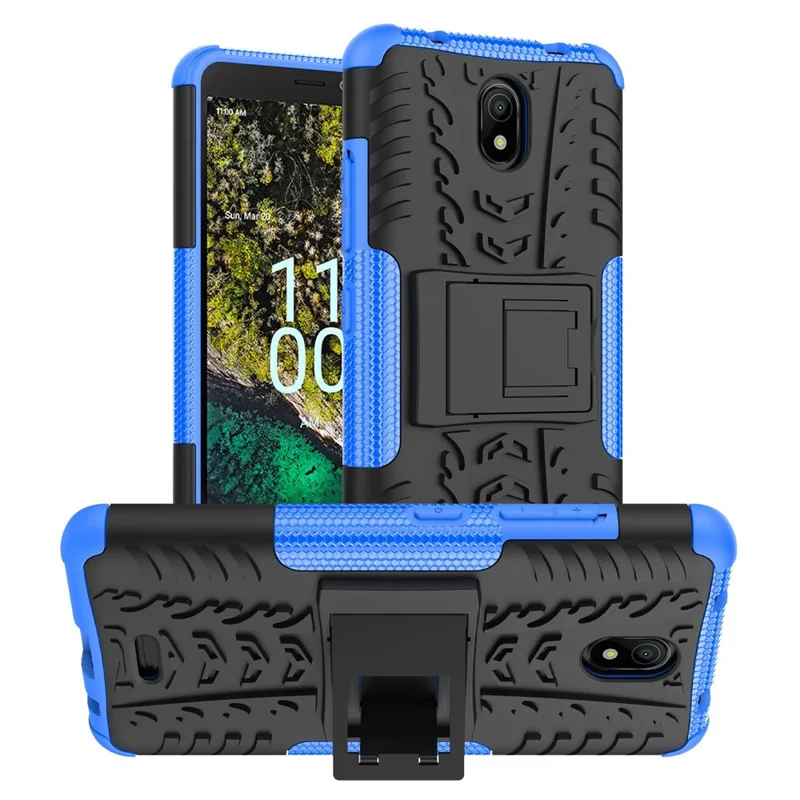 For Nokia C100 4G Hard PC+TPU Tires Style Cool Rugged Phone Case Kickstand Anti-Slip Shockproof Cover - Blue
