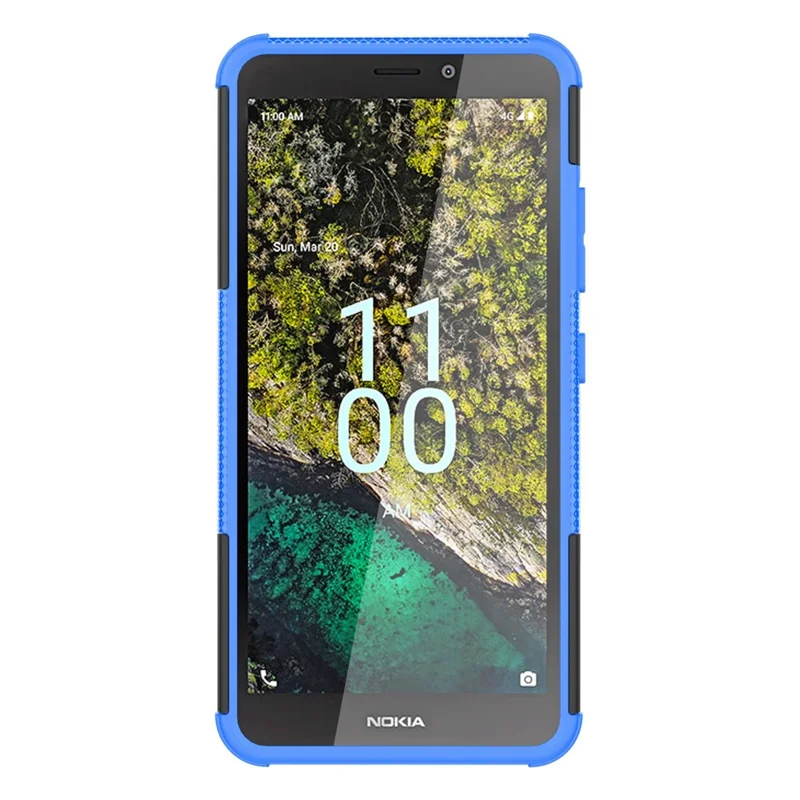 For Nokia C100 4G Hard PC+TPU Tires Style Cool Rugged Phone Case Kickstand Anti-Slip Shockproof Cover - Blue