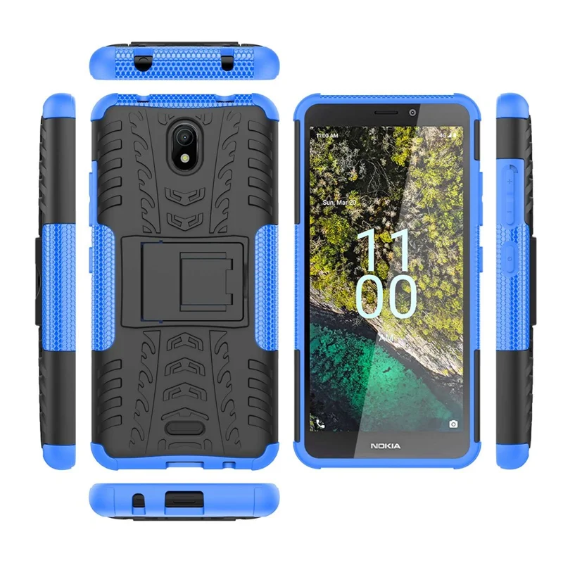 For Nokia C100 4G Hard PC+TPU Tires Style Cool Rugged Phone Case Kickstand Anti-Slip Shockproof Cover - Blue