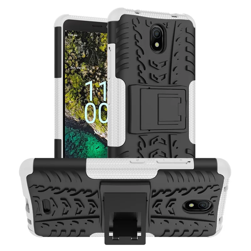For Nokia C100 4G Hard PC+TPU Tires Style Cool Rugged Phone Case Kickstand Anti-Slip Shockproof Cover - White
