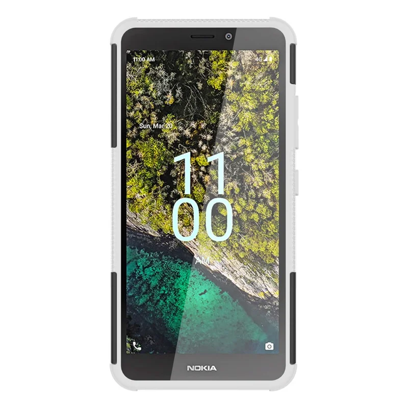 For Nokia C100 4G Hard PC+TPU Tires Style Cool Rugged Phone Case Kickstand Anti-Slip Shockproof Cover - White