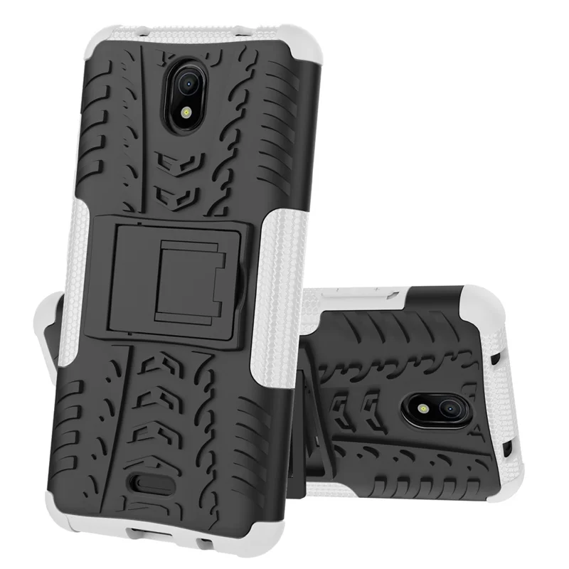 For Nokia C100 4G Hard PC+TPU Tires Style Cool Rugged Phone Case Kickstand Anti-Slip Shockproof Cover - White