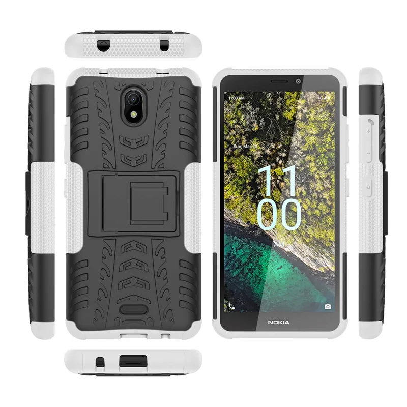 For Nokia C100 4G Hard PC+TPU Tires Style Cool Rugged Phone Case Kickstand Anti-Slip Shockproof Cover - White