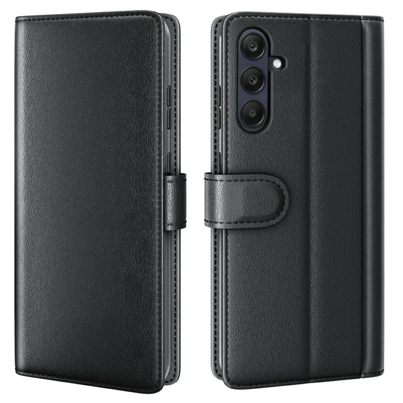 AMORUS For Samsung Galaxy S23 FE Stand Cases Calf Texture Genuine Split Leather Wallet Phone Cover - Black