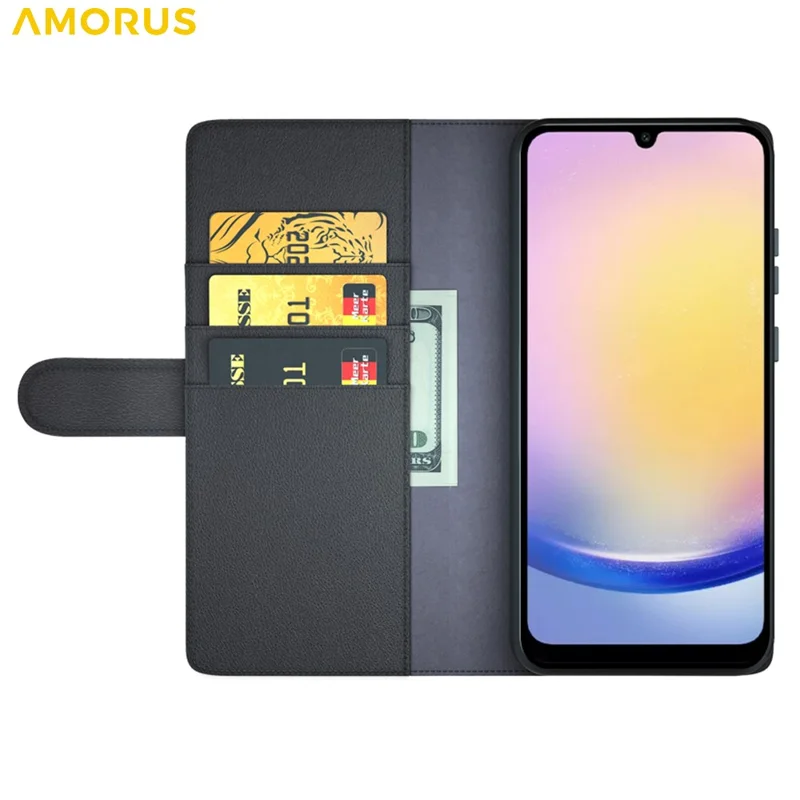 AMORUS For Samsung Galaxy S23 FE Stand Cases Calf Texture Genuine Split Leather Wallet Phone Cover - Black