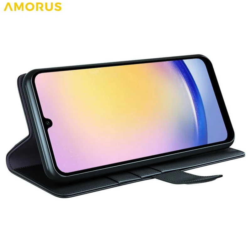 AMORUS For Samsung Galaxy S23 FE Stand Cases Calf Texture Genuine Split Leather Wallet Phone Cover - Black
