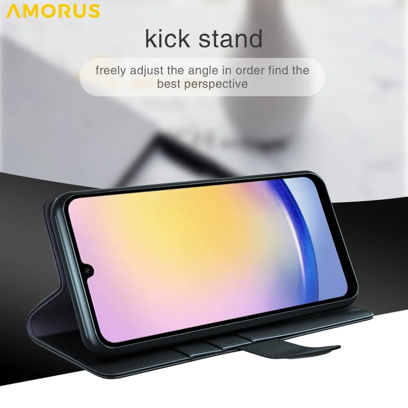 AMORUS For Samsung Galaxy S23 FE Stand Cases Calf Texture Genuine Split Leather Wallet Phone Cover - Black