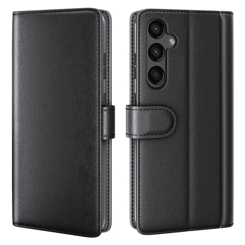AMORUS For Samsung Galaxy A15 5G Stand Cases Calf Texture Genuine Split Leather Wallet Phone Cover - Black