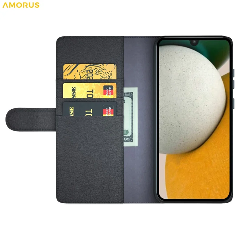 AMORUS For Samsung Galaxy A15 5G Stand Cases Calf Texture Genuine Split Leather Wallet Phone Cover - Black