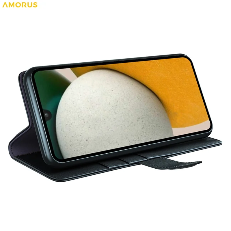 AMORUS For Samsung Galaxy A15 5G Stand Cases Calf Texture Genuine Split Leather Wallet Phone Cover - Black