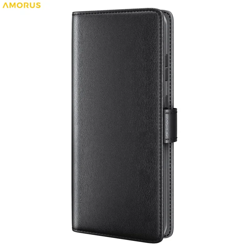 AMORUS For Samsung Galaxy A15 5G Stand Cases Calf Texture Genuine Split Leather Wallet Phone Cover - Black