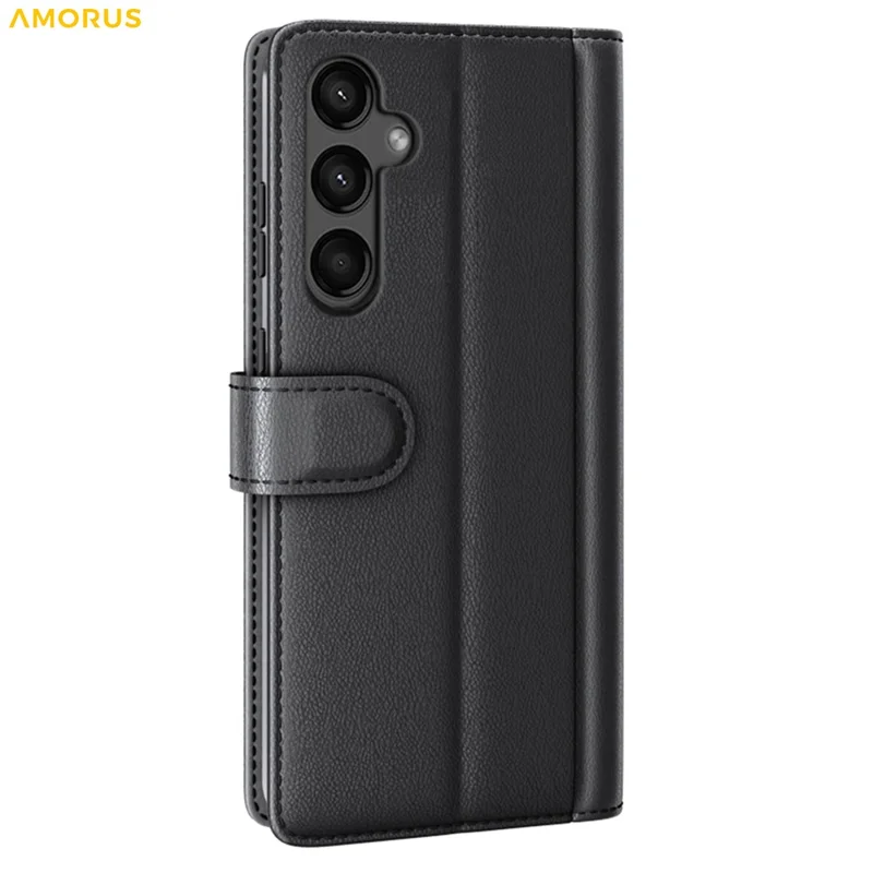 AMORUS For Samsung Galaxy A15 5G Stand Cases Calf Texture Genuine Split Leather Wallet Phone Cover - Black
