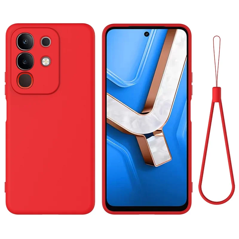 Чехол из жидкого силикона для vivo Y31 Pro 5G с подставкой и ремешком для руки - Красный