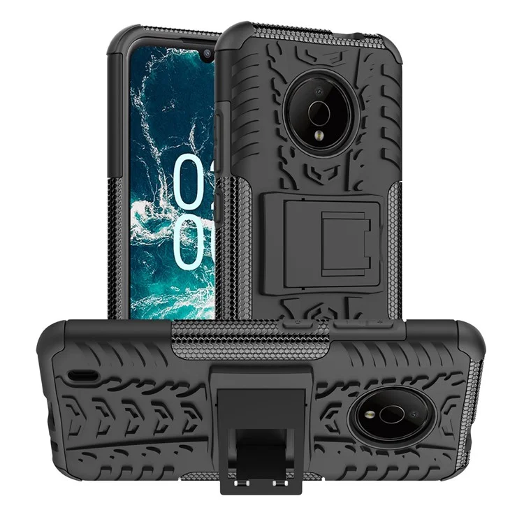 For Nokia C200 4G Tyre Pattern Design Kickstand Phone Cover PC + TPU 2-in-1 Shockproof Case - Black
