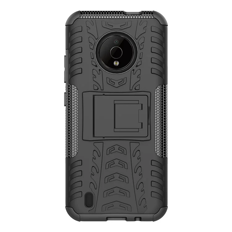 For Nokia C200 4G Tyre Pattern Design Kickstand Phone Cover PC + TPU 2-in-1 Shockproof Case - Black