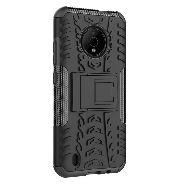 For Nokia C200 4G Tyre Pattern Design Kickstand Phone Cover PC + TPU 2-in-1 Shockproof Case - Black