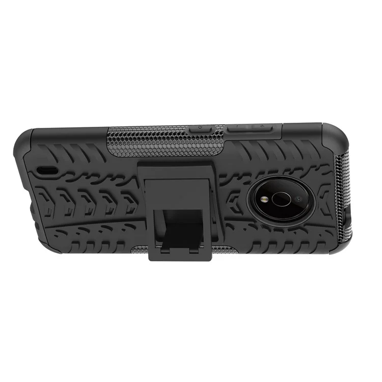 For Nokia C200 4G Tyre Pattern Design Kickstand Phone Cover PC + TPU 2-in-1 Shockproof Case - Black