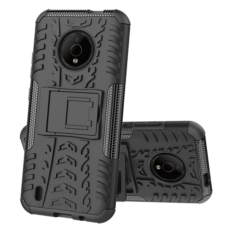 For Nokia C200 4G Tyre Pattern Design Kickstand Phone Cover PC + TPU 2-in-1 Shockproof Case - Black
