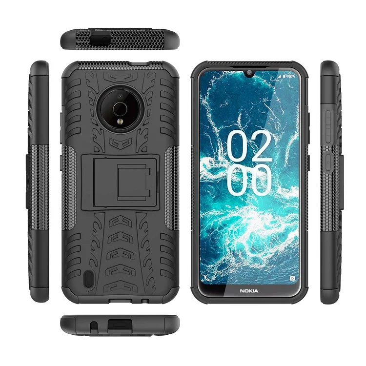 For Nokia C200 4G Tyre Pattern Design Kickstand Phone Cover PC + TPU 2-in-1 Shockproof Case - Black