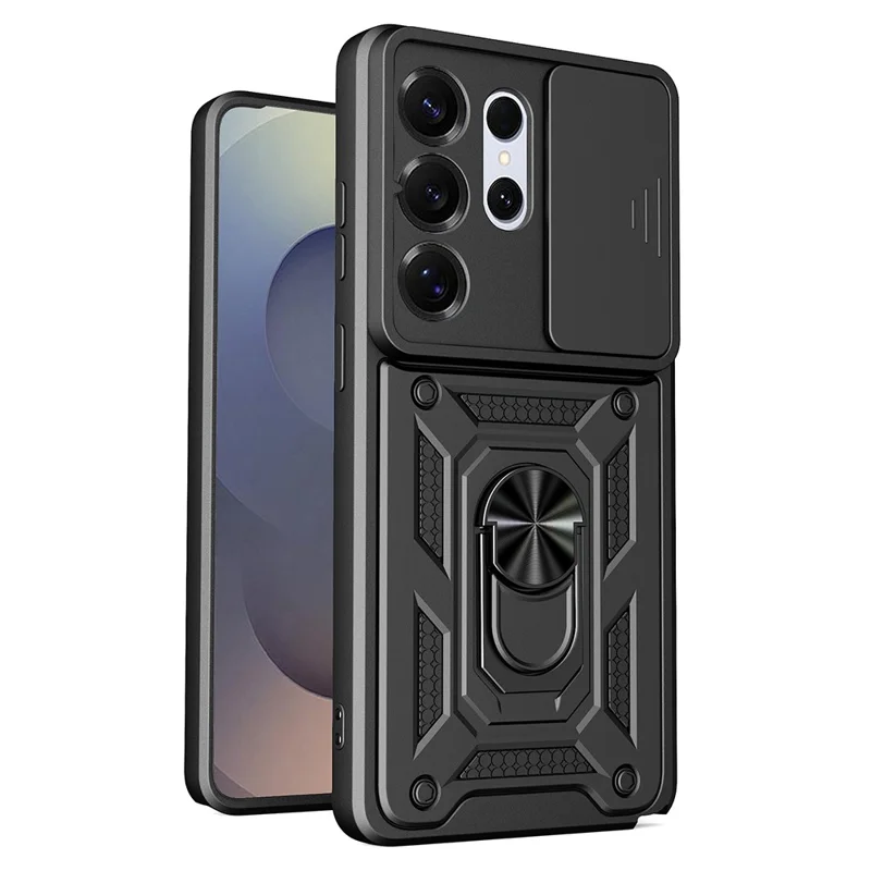 AMORUS voor Samsung Galaxy S26 Ultra hoesje met standaard PC + TPU telefoonhoes met diafragmavlens - Zwart