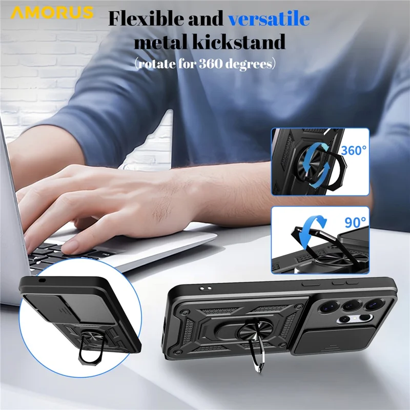 AMORUS voor Samsung Galaxy S26 Ultra hoesje met standaard PC + TPU telefoonhoes met diafragmavlens - Zwart