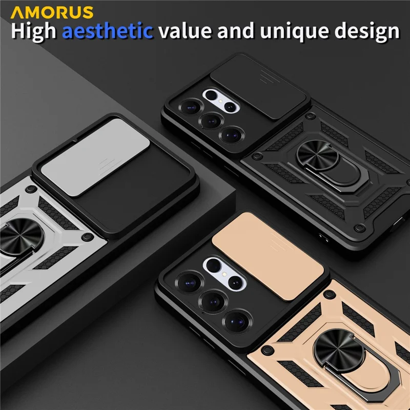 AMORUS voor Samsung Galaxy S26 Ultra hoesje met standaard PC + TPU telefoonhoes met diafragmavlens - Zwart