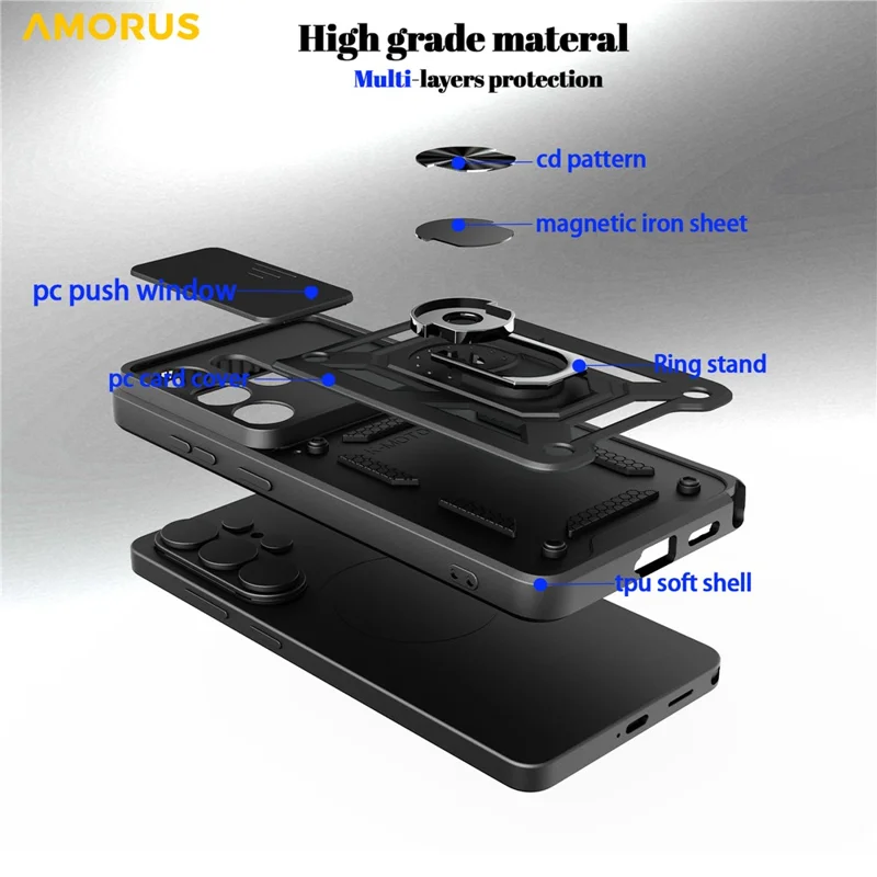 AMORUS voor Samsung Galaxy S26 Ultra hoesje met standaard PC + TPU telefoonhoes met diafragmavlens - Zwart