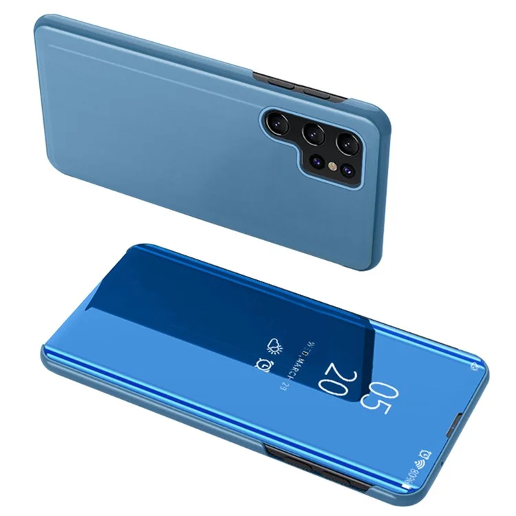 Para Samsung Galaxy S23 Ultra Stand Feature Mirror Electroplating View Window PU Leather Case Phone Cover Protector - Baby Blue