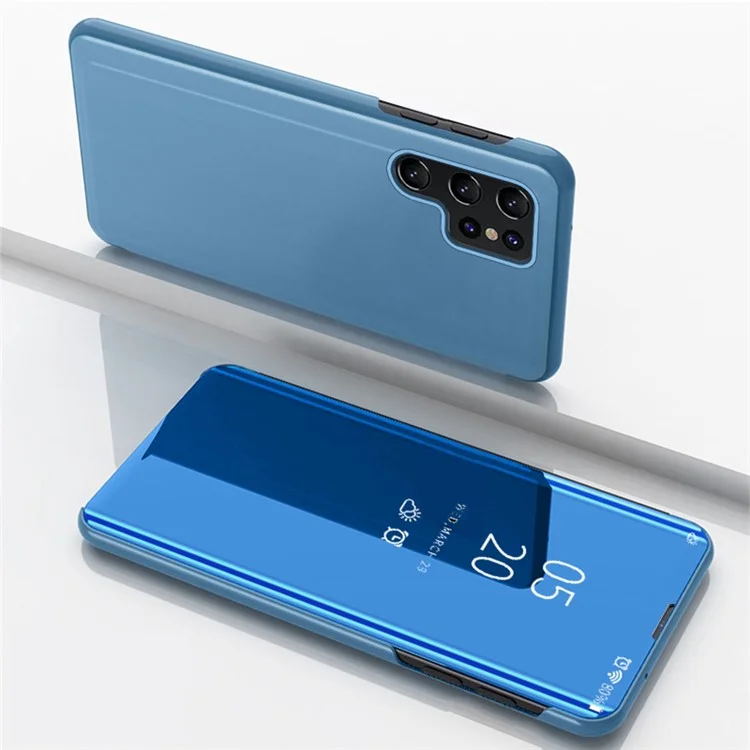 Para Samsung Galaxy S23 Ultra Stand Feature Mirror Electroplating View Window PU Leather Case Phone Cover Protector - Baby Blue