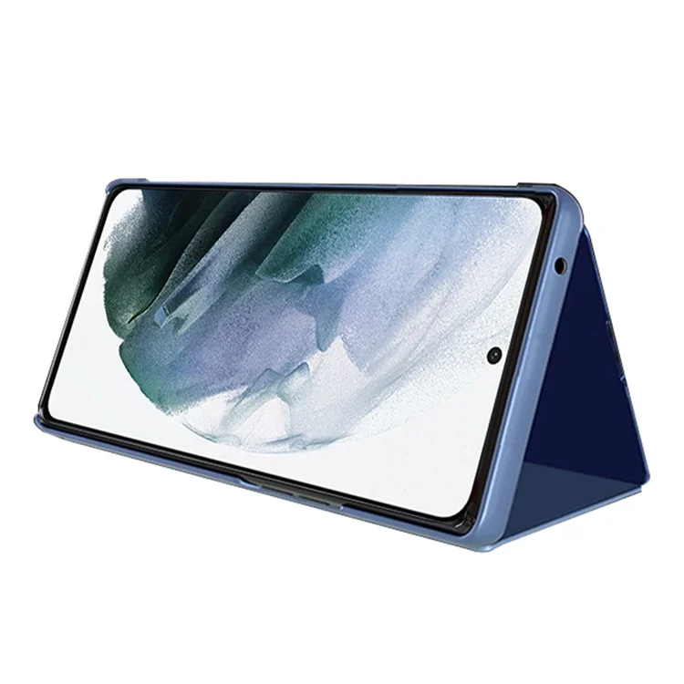Para Samsung Galaxy S23 Ultra Stand Feature Mirror Electroplating View Window PU Leather Case Phone Cover Protector - Baby Blue