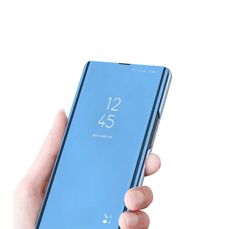 Para Samsung Galaxy S23 Ultra Stand Feature Mirror Electroplating View Window PU Leather Case Phone Cover Protector - Baby Blue