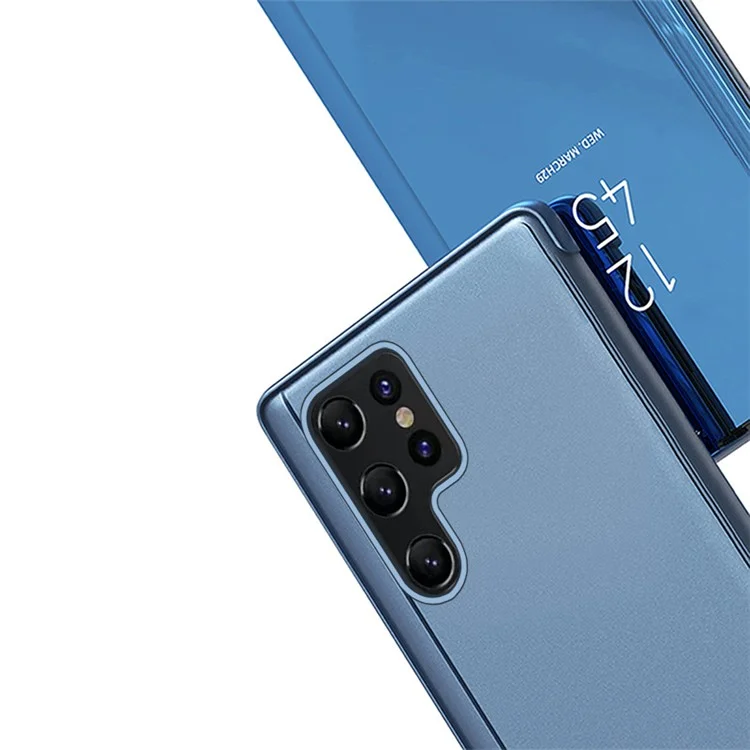 Para Samsung Galaxy S23 Ultra Stand Feature Mirror Electroplating View Window PU Leather Case Phone Cover Protector - Baby Blue
