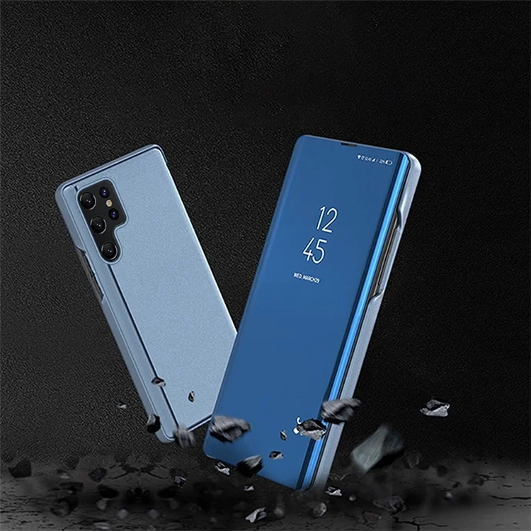 Para Samsung Galaxy S23 Ultra Stand Feature Mirror Electroplating View Window PU Leather Case Phone Cover Protector - Baby Blue