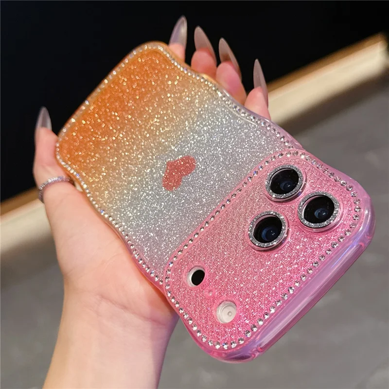 For iPhone 17 Pro Max Case Sparkle Rhinestone Decor TPU Phone Cover with Glitter Gradient Card - Pink / Orange