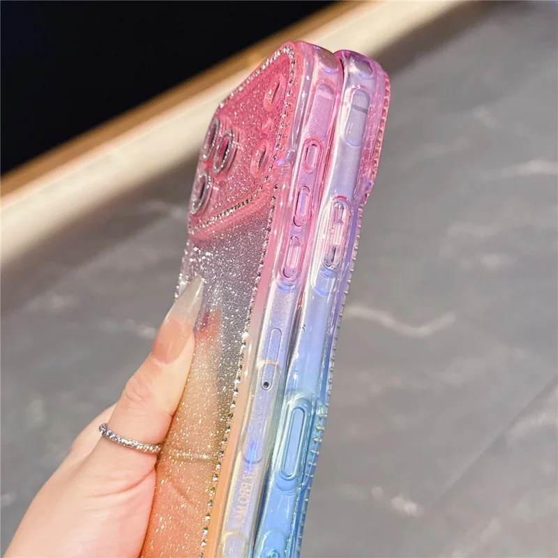 For iPhone 17 Pro Max Case Sparkle Rhinestone Decor TPU Phone Cover with Glitter Gradient Card - Pink / Orange