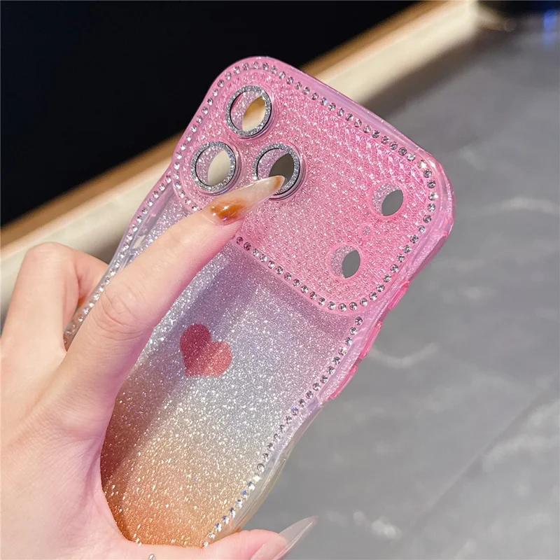 For iPhone 17 Pro Max Case Sparkle Rhinestone Decor TPU Phone Cover with Glitter Gradient Card - Pink / Orange