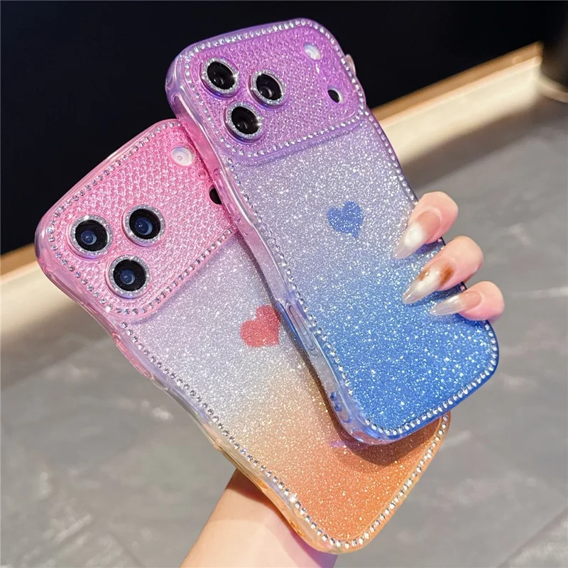 For iPhone 17 Pro Max Case Sparkle Rhinestone Decor TPU Phone Cover with Glitter Gradient Card - Pink / Orange