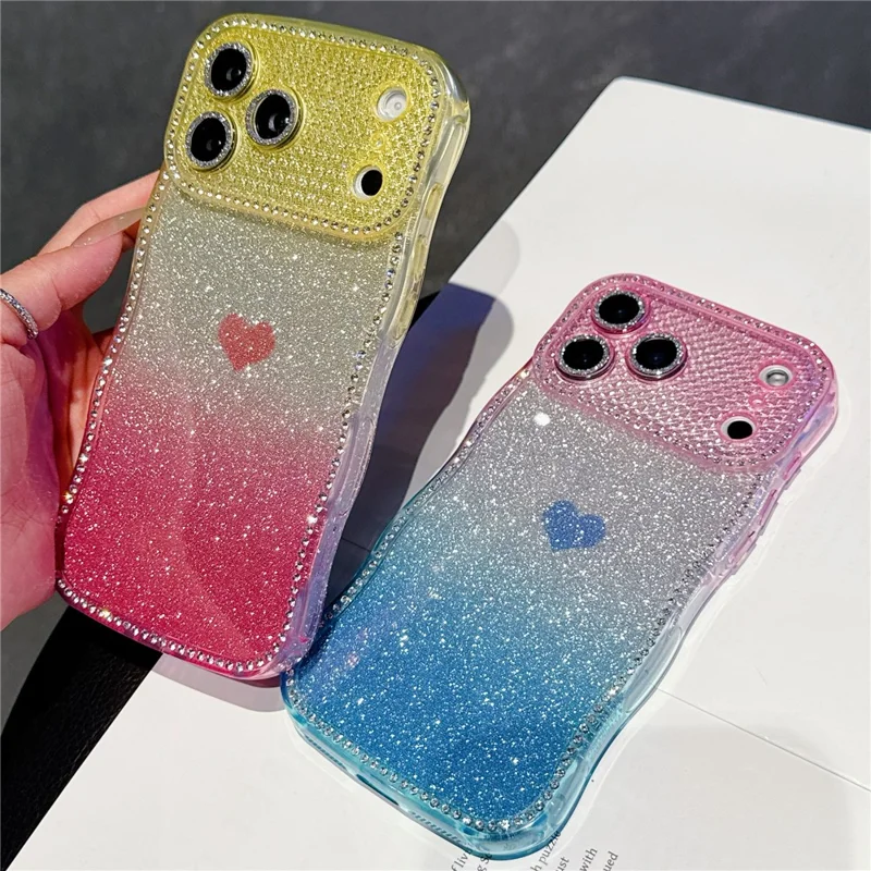 For iPhone 17 Pro Max Case Sparkle Rhinestone Decor TPU Phone Cover with Glitter Gradient Card - Pink / Orange