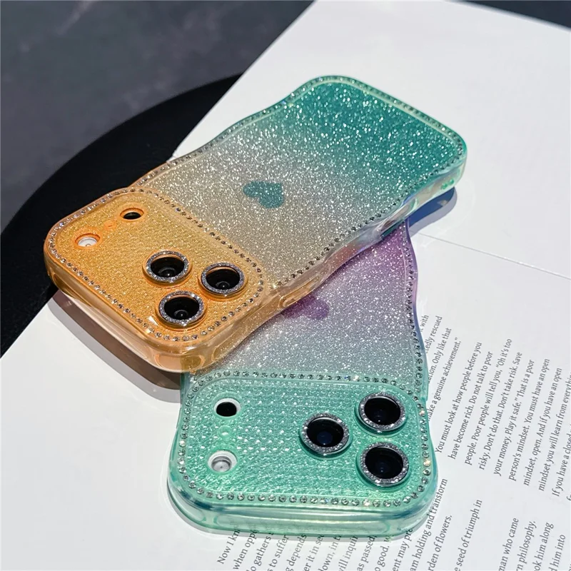 For iPhone 17 Pro Max Case Sparkle Rhinestone Decor TPU Phone Cover with Glitter Gradient Card - Pink / Orange
