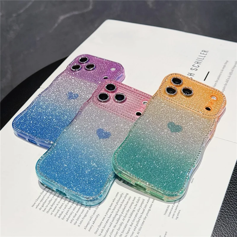 For iPhone 17 Pro Case Sparkle Rhinestone Decor TPU Phone Cover with Glitter Gradient Card - Pink / Orange