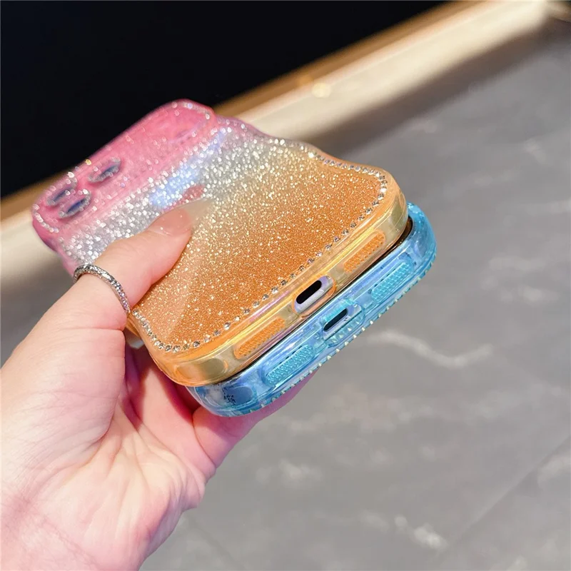 For iPhone 17 Pro Case Sparkle Rhinestone Decor TPU Phone Cover with Glitter Gradient Card - Pink / Orange