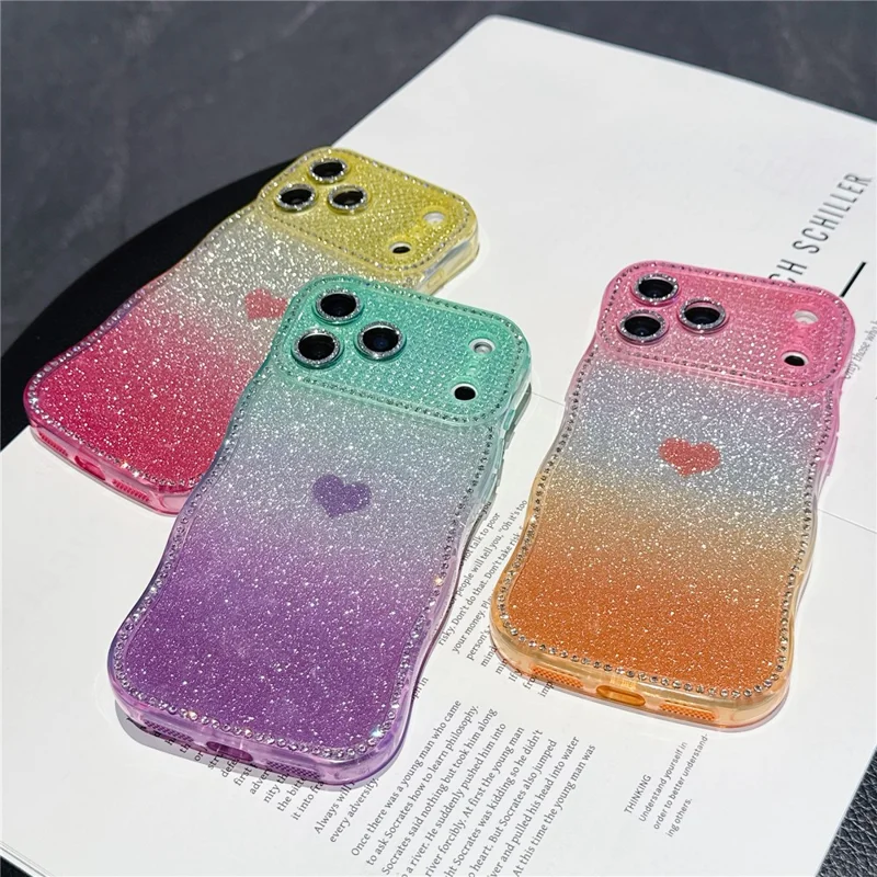 For iPhone 17 Pro Case Sparkle Rhinestone Decor TPU Phone Cover with Glitter Gradient Card - Pink / Orange