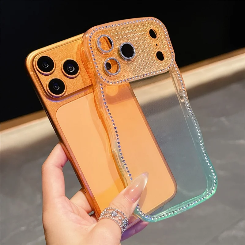 Coque pour iPhone 17 Pro, décor à strass, cadre ondulé, design dégradé, housse en TPU - Orange / Vert