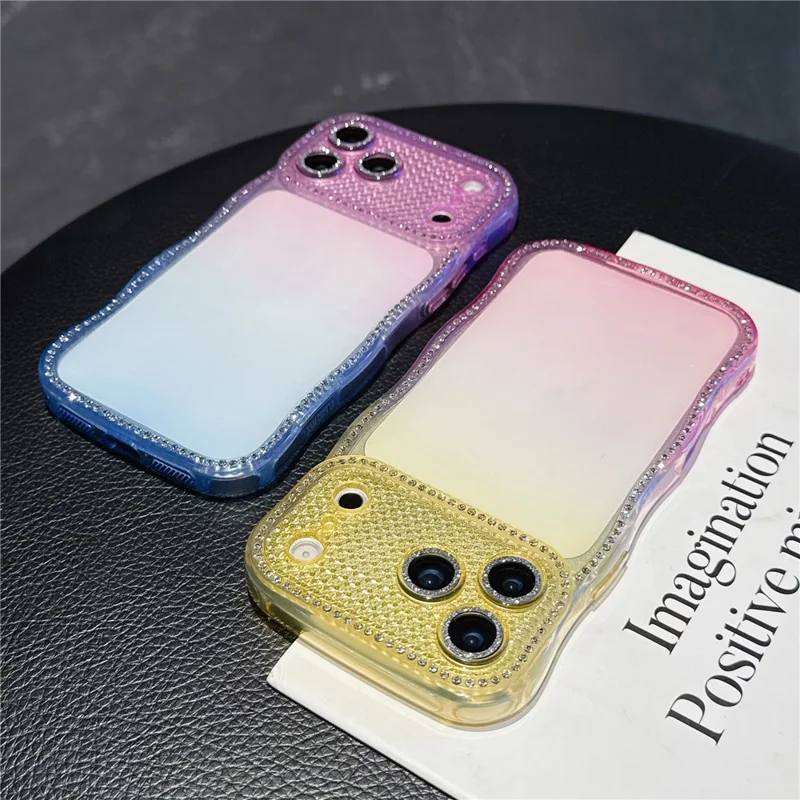 Coque pour iPhone 17 Pro, décor à strass, cadre ondulé, design dégradé, housse en TPU - Orange / Vert