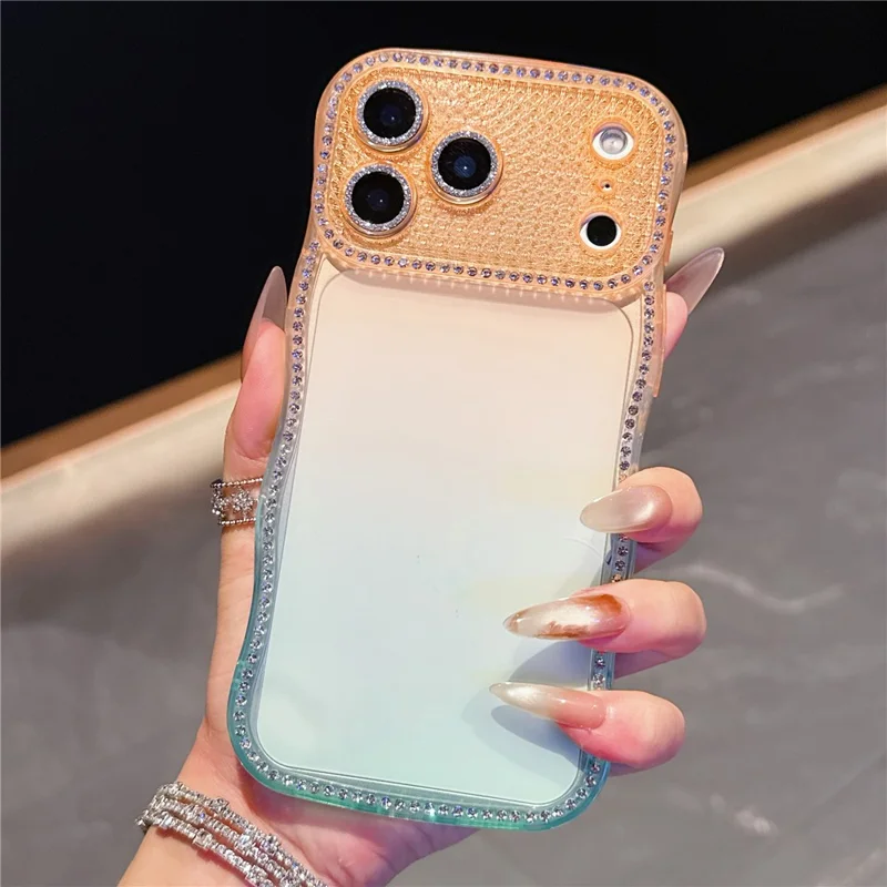 Coque pour iPhone 17 Pro Max, décor de strass, cadre ondulé, design dégradé, housse en TPU - Orange / Vert